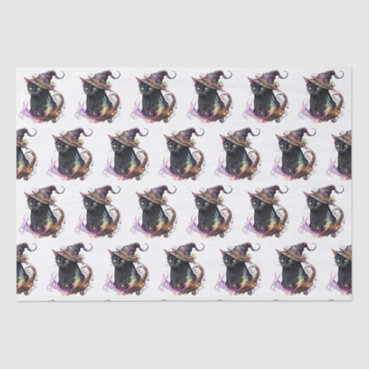 魔女の帽子に黒い猫ホワイトハロウィーン 薄葉紙 (正面)