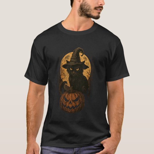 魔女の帽子のかぼちゃの月 怖いハロウィン黒猫 Tシャツ (正面)