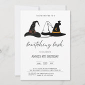 魔女の帽子の魅惑的な誕生日パーティー ガールズ ハロウィン 招待状 (正面)