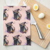 魔女の帽子の黒猫オレンジのハロウィーン キッチンタオル (四つ折り)