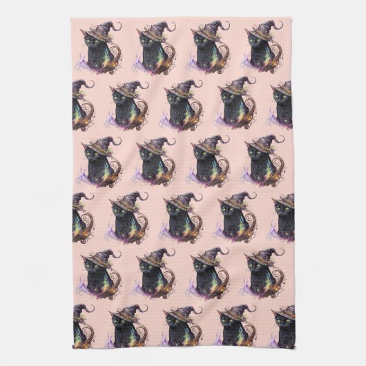 魔女の帽子の黒猫オレンジのハロウィーン キッチンタオル (縦)