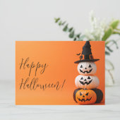 魔女の帽子をかぶったかぼちゃのハロウィン グリーティング カード (スタンド正面)