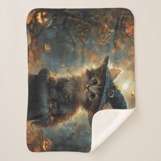 魔女の帽子をかぶったかわいい子猫 シェルパブランケット (正面)