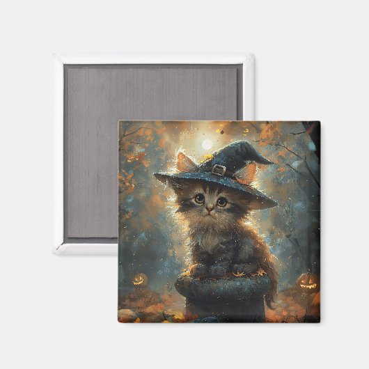 魔女の帽子をかぶったかわいい子猫 マグネット (正面/裏面)