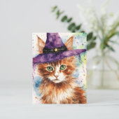 魔女の帽子をかぶったかわいい猫の水彩画 ポストカード (スタンド正面)