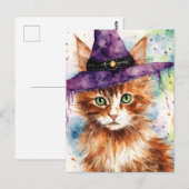魔女の帽子をかぶったかわいい猫の水彩画 ポストカード (正面/裏面)