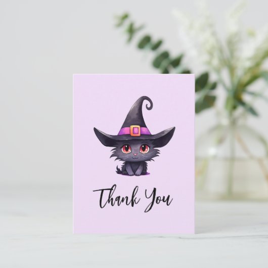 魔女の帽子をかぶったかわいい黒猫ありがとう ポストカード (スタンド正面)
