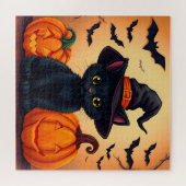 魔女の帽子をかぶったかわいい黒猫とカボチャ ジグソーパズル (横)