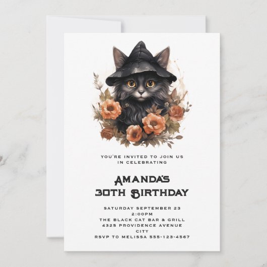 魔女の帽子をかぶったかわいい黒猫の誕生日 招待状 (正面)