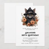 魔女の帽子をかぶったかわいい黒猫の誕生日 招待状 (正面/裏面)