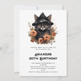 魔女の帽子をかぶったかわいい黒猫の誕生日 招待状