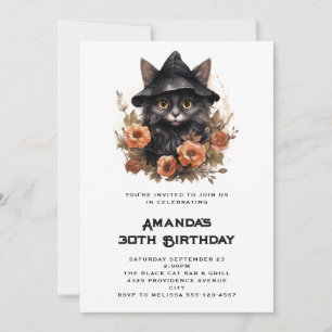 魔女の帽子をかぶったかわいい黒猫の誕生日 招待状