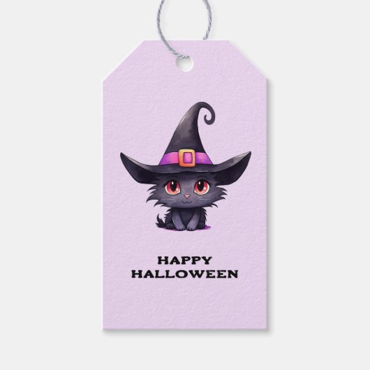 魔女の帽子をかぶったかわいい黒猫ハロウィン ギフトタグ (正面)