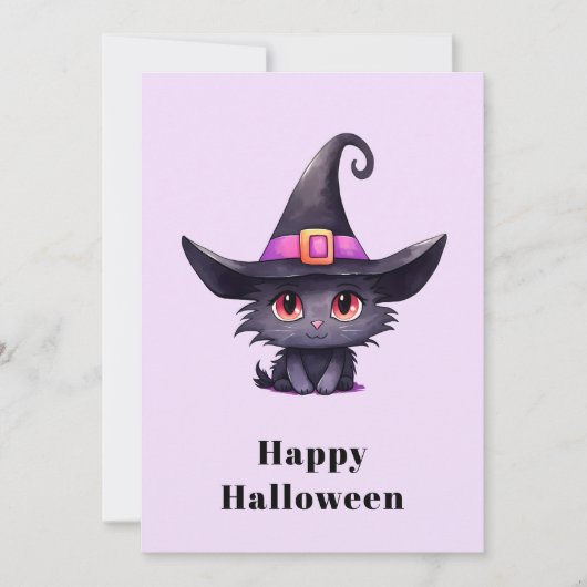 魔女の帽子をかぶったかわいい黒猫ハロウィン シーズンカード (正面)