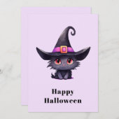 魔女の帽子をかぶったかわいい黒猫ハロウィン シーズンカード (正面/裏面)