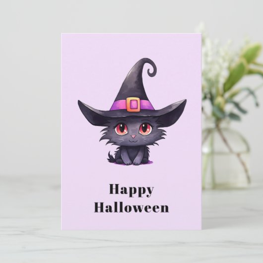 魔女の帽子をかぶったかわいい黒猫ハロウィン シーズンカード (スタンド正面)