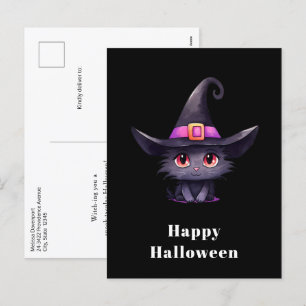 魔女の帽子をかぶったかわいい黒猫ハロウィン シーズンポストカード