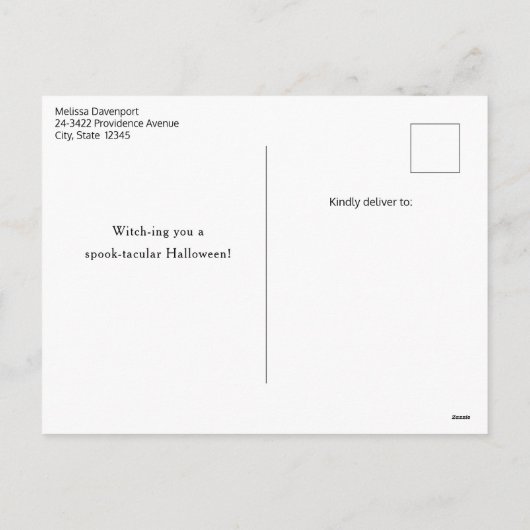 魔女の帽子をかぶったかわいい黒猫ハロウィン シーズンポストカード (裏面)