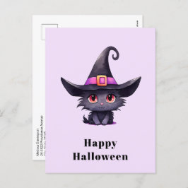 魔女の帽子をかぶったかわいい黒猫ハロウィン シーズンポストカード