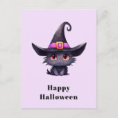 魔女の帽子をかぶったかわいい黒猫ハロウィン シーズンポストカード (正面)