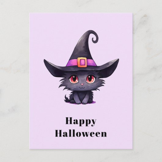 魔女の帽子をかぶったかわいい黒猫ハロウィン シーズンポストカード (正面)