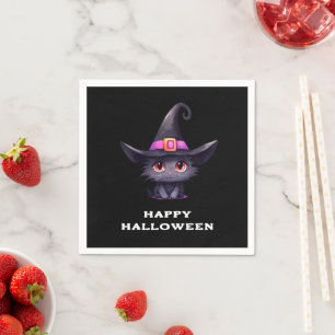 魔女の帽子をかぶったかわいい黒猫ハロウィン スタンダードカクテルナプキン