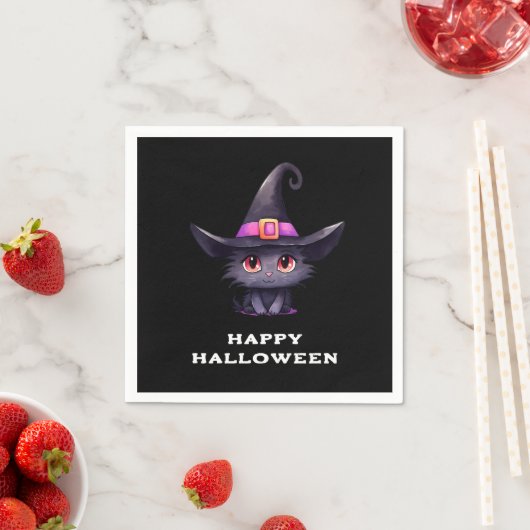 魔女の帽子をかぶったかわいい黒猫ハロウィン スタンダードカクテルナプキン (インサイチュ)