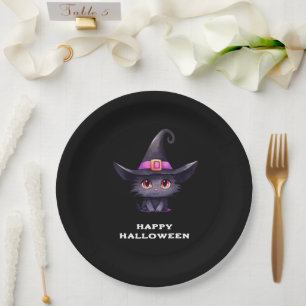魔女の帽子をかぶったかわいい黒猫ハロウィン ペーパープレート