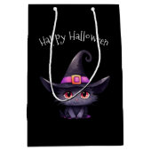 魔女の帽子をかぶったかわいい黒猫ハロウィン ミディアムペーパーバッグ (正面)