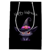 魔女の帽子をかぶったかわいい黒猫ハロウィン ミディアムペーパーバッグ (裏面)