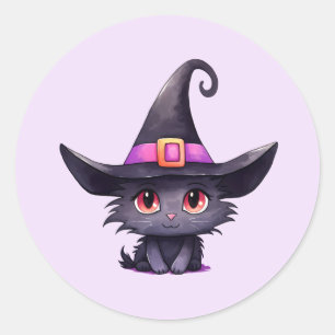 魔女の帽子をかぶったかわいい黒猫ハロウィン ラウンドシール