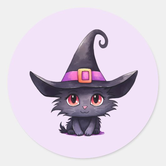 魔女の帽子をかぶったかわいい黒猫ハロウィン ラウンドシール (正面)