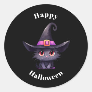 魔女の帽子をかぶったかわいい黒猫ハロウィン ラウンドシール