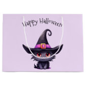 魔女の帽子をかぶったかわいい黒猫ハロウィン ラージペーパーバッグ (正面)