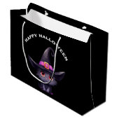 魔女の帽子をかぶったかわいい黒猫ハロウィン ラージペーパーバッグ (正面アングル)