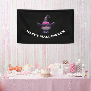 魔女の帽子をかぶったかわいい黒猫ハロウィン 横断幕