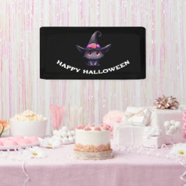 魔女の帽子をかぶったかわいい黒猫ハロウィン 横断幕