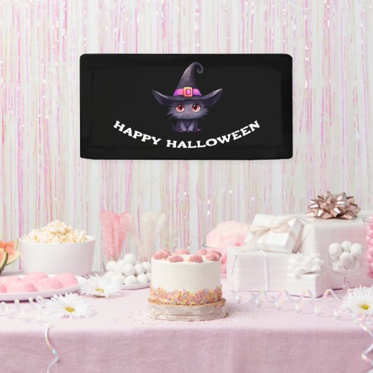魔女の帽子をかぶったかわいい黒猫ハロウィン 横断幕 (パーティー)