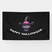 魔女の帽子をかぶったかわいい黒猫ハロウィン 横断幕 (横)