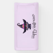 魔女の帽子をかぶったかわいい黒猫ハロウィン 横断幕 (縦)