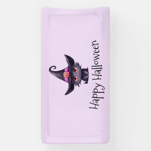魔女の帽子をかぶったかわいい黒猫ハロウィン 横断幕 (縦)