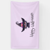 魔女の帽子をかぶったかわいい黒猫ハロウィン 横断幕 (縦)