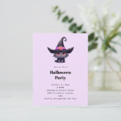 魔女の帽子をかぶったかわいい黒猫ハローウィンパーティ インビテーションポストカード (スタンド正面)