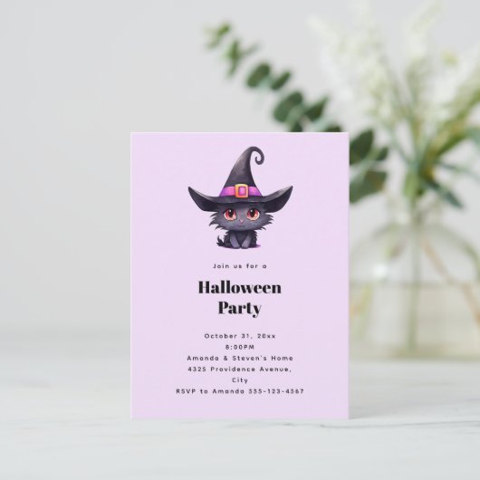 魔女の帽子をかぶったかわいい黒猫ハローウィンパーティ インビテーションポストカード (スタンド正面)