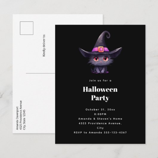 魔女の帽子をかぶったかわいい黒猫ハローウィンパーティ インビテーションポストカード (正面/裏面)