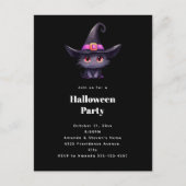 魔女の帽子をかぶったかわいい黒猫ハローウィンパーティ インビテーションポストカード (正面)