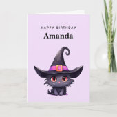 魔女の帽子をかぶったかわいい黒猫誕生日 カード (正面)