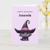 魔女の帽子をかぶったかわいい黒猫誕生日 カード (黄色い花)