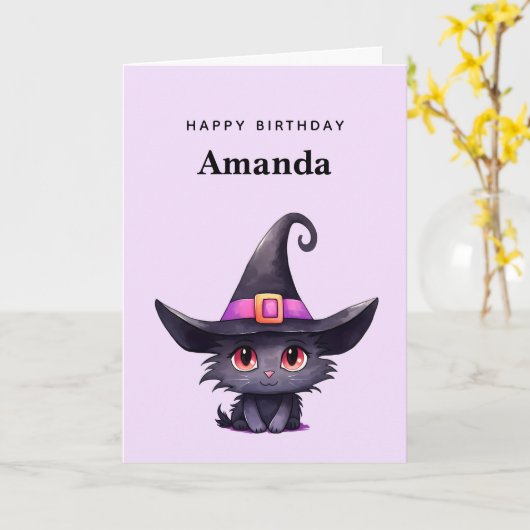 魔女の帽子をかぶったかわいい黒猫誕生日 カード (黄色い花)