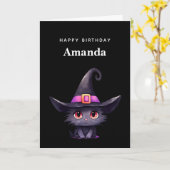 魔女の帽子をかぶったかわいい黒猫誕生日 カード (黄色い花)